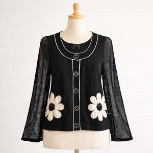 VTG Berek Black Button Cardigan Crochet Long Sleeve Floral Sequin Daisy